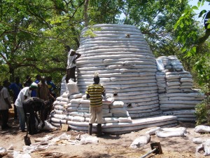 A dome being built at a Earthbag workshop in Zambia in 2012